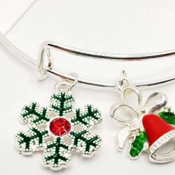 Silver Christmas Charm Bangle Bracelet - Picture 3 of 9